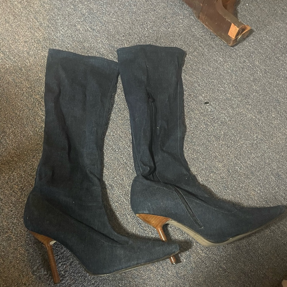 Colin Stuart Blue Denim Heeled Boots with Brown Heel Accents